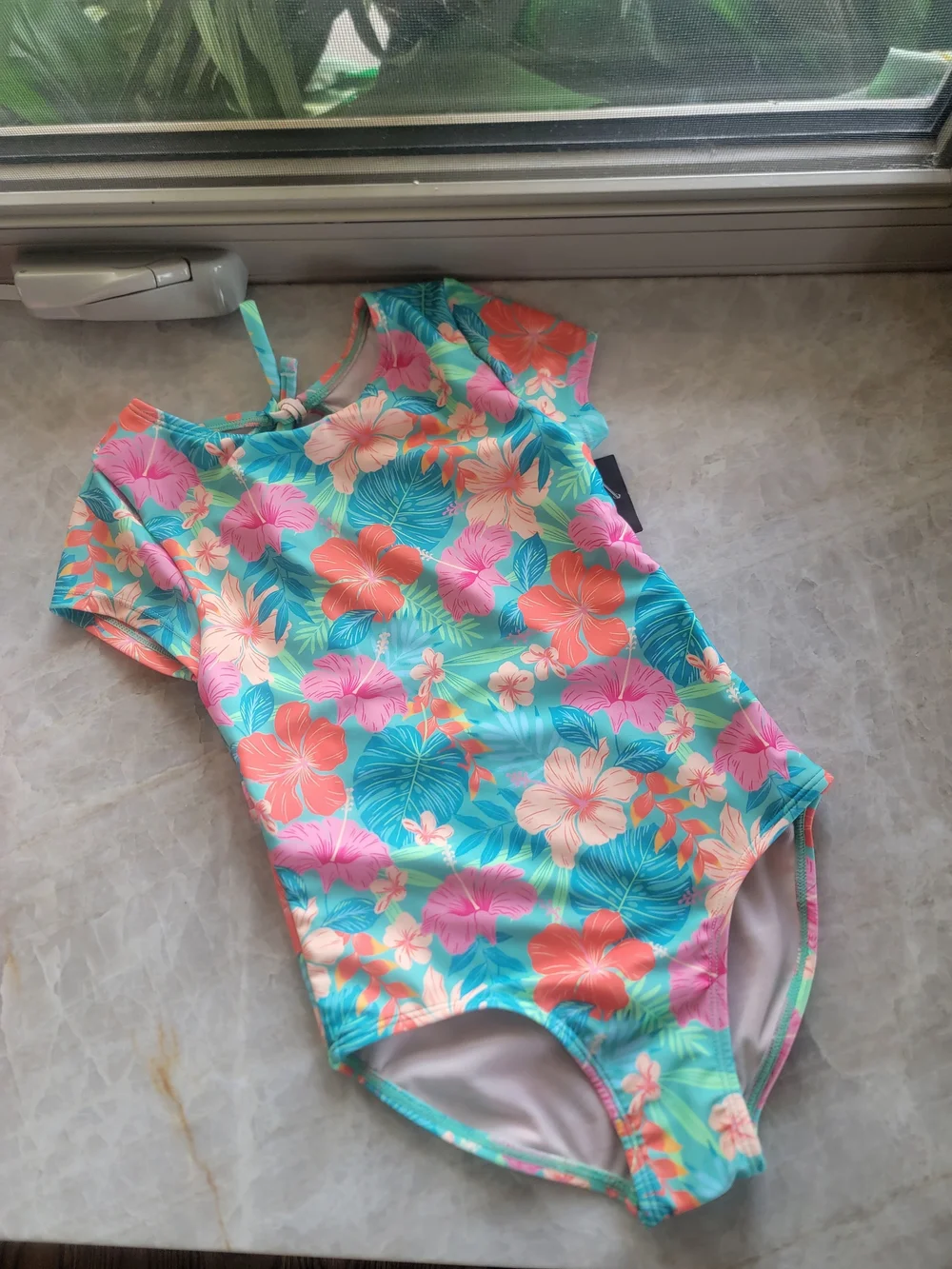 Art class Girls' Tropical Floral One-Piece Swimsuit in Green, Pink, Coral Size S